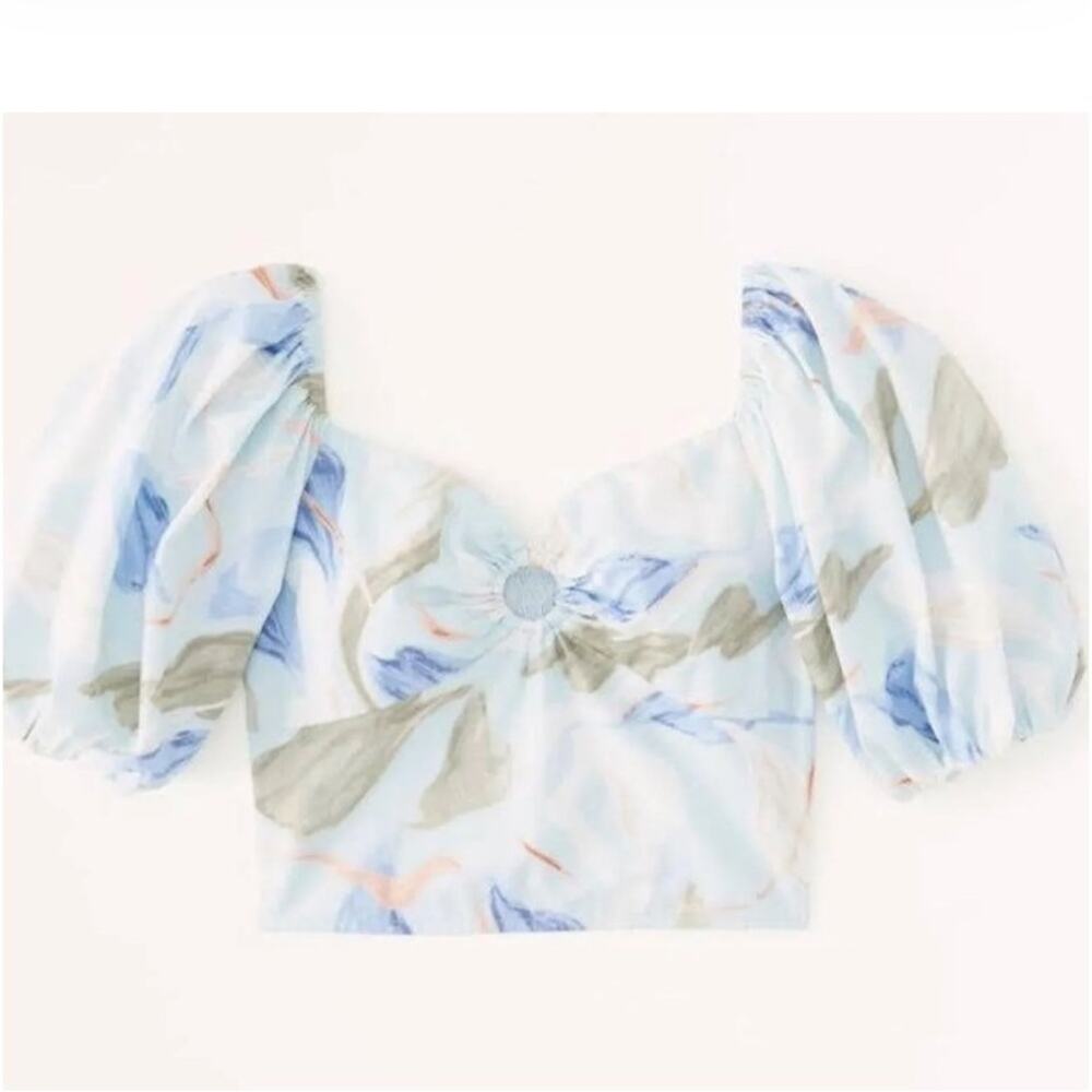 Abercrombie & Fitch Puff Sleeve Poplin Floral O-Ring Blue/Green Crop Top